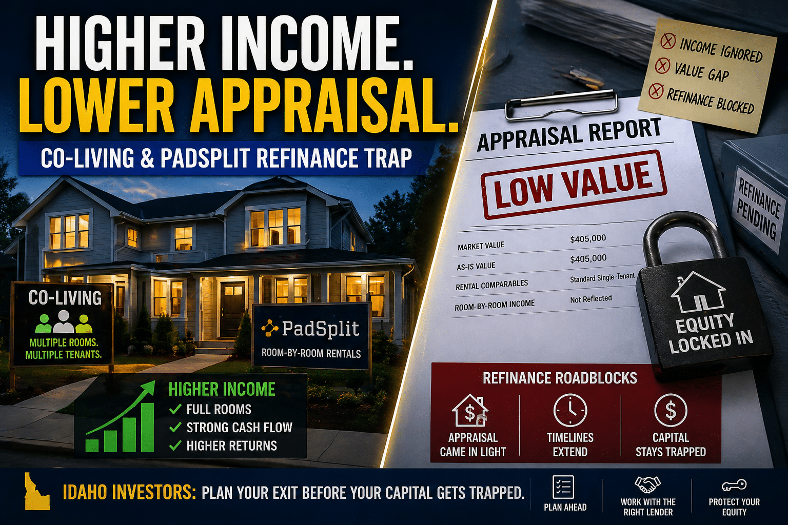 Infographic showing the co-living and PadSplit refinance trap with higher room-by-room income alongside a low appraisal, locked equity, and refinance roadblocks for Idaho investors