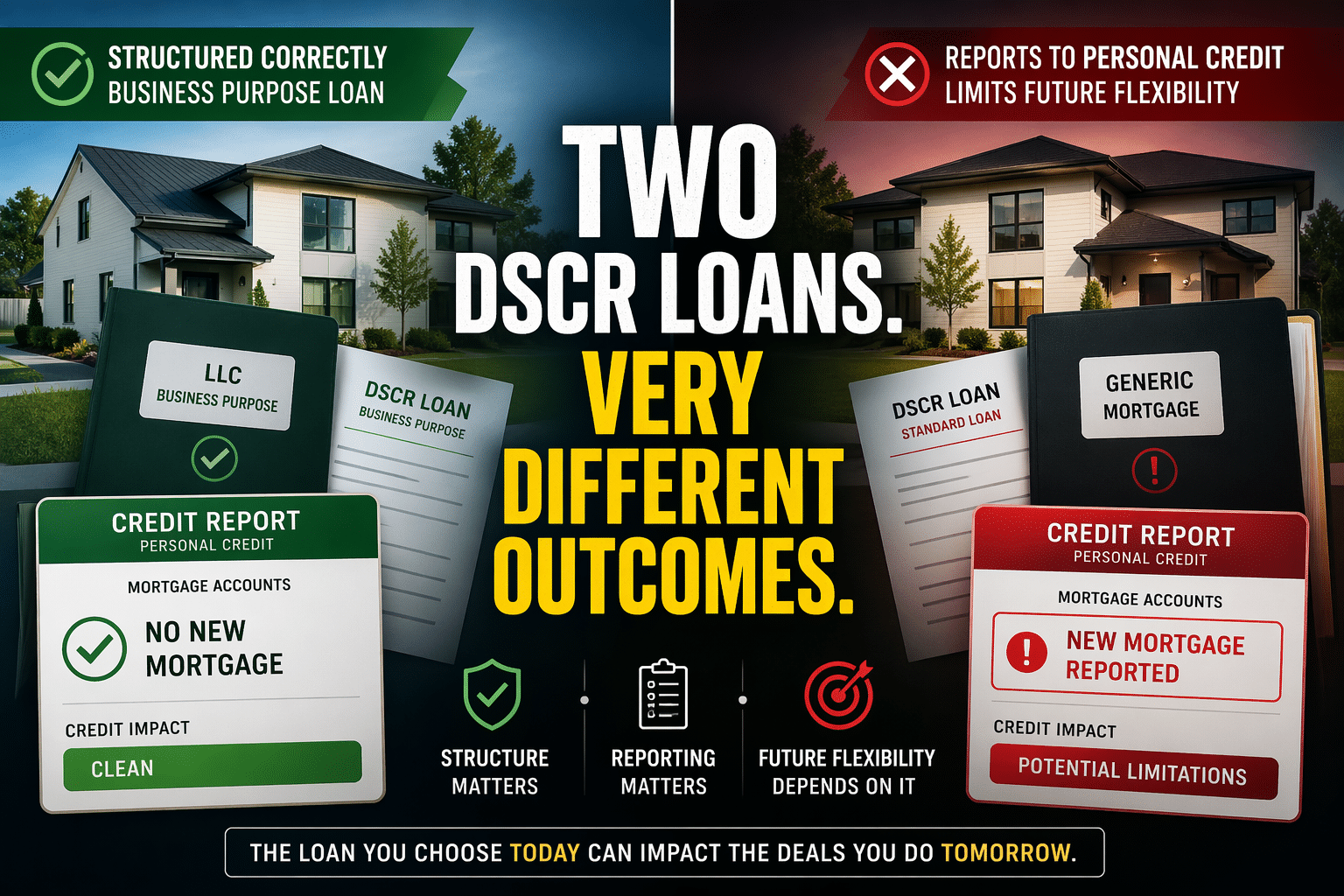 Split graphic comparing DSCR loan credit reporting outcomes