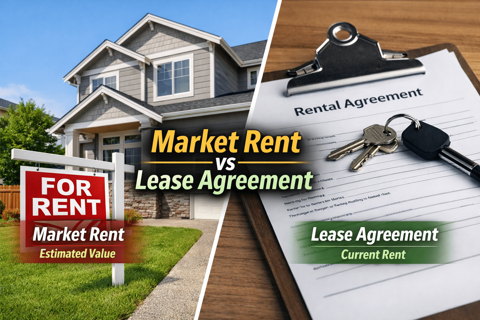 Split graphic comparing market rent estimated value on a For Rent sign with a lease agreement document showing current rent for DSCR underwriting